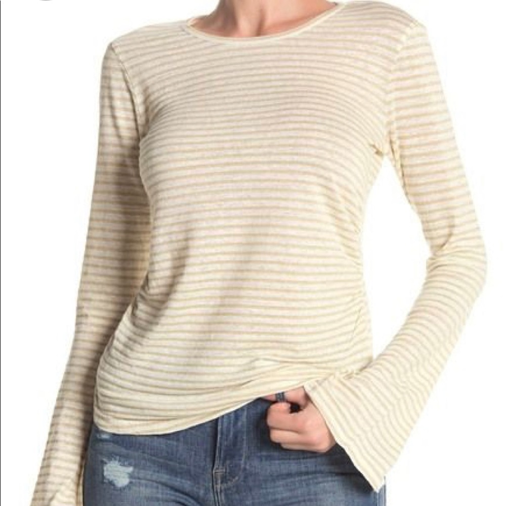 Shirred Bell Sleeve Stripe Print Linen Blend